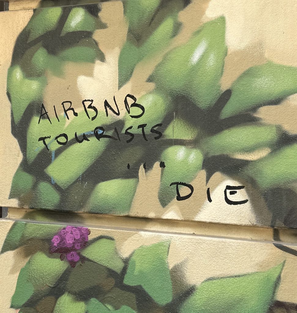 Street art featuring the words 'AIRBNB TOURISTS... DIE' over a background of green foliage and purple flowers.